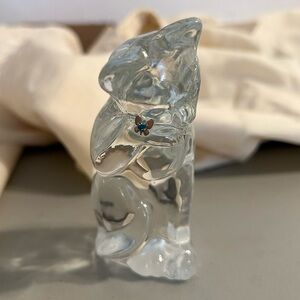 Fenton USA Art Glass Clear Cat With Blue Gemstone Butterfly